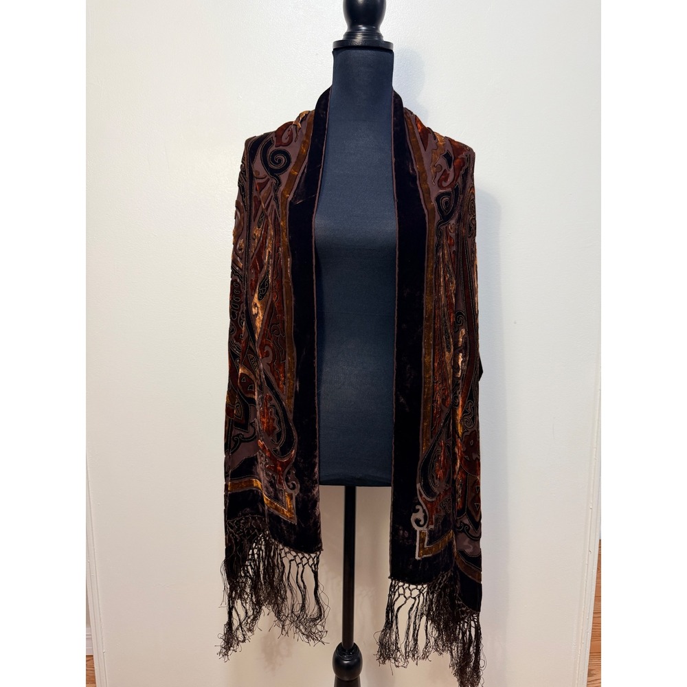 Vintage Whimsigoth Velvet Burnout devore paisley wrap shawl Scarf boho Fringe